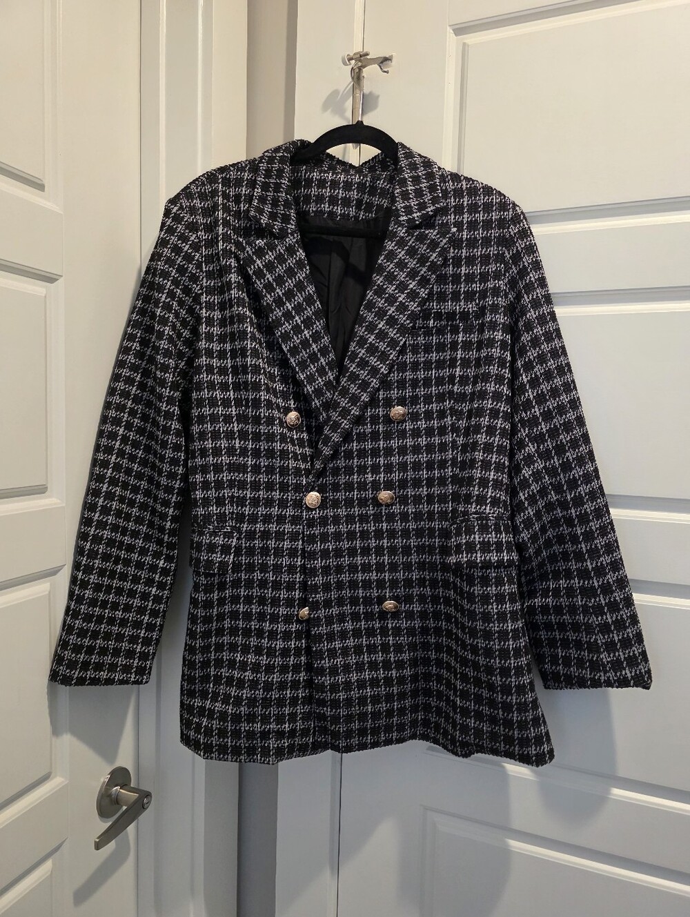 Black & White Houndstooth Double-Breasted Women's Coat